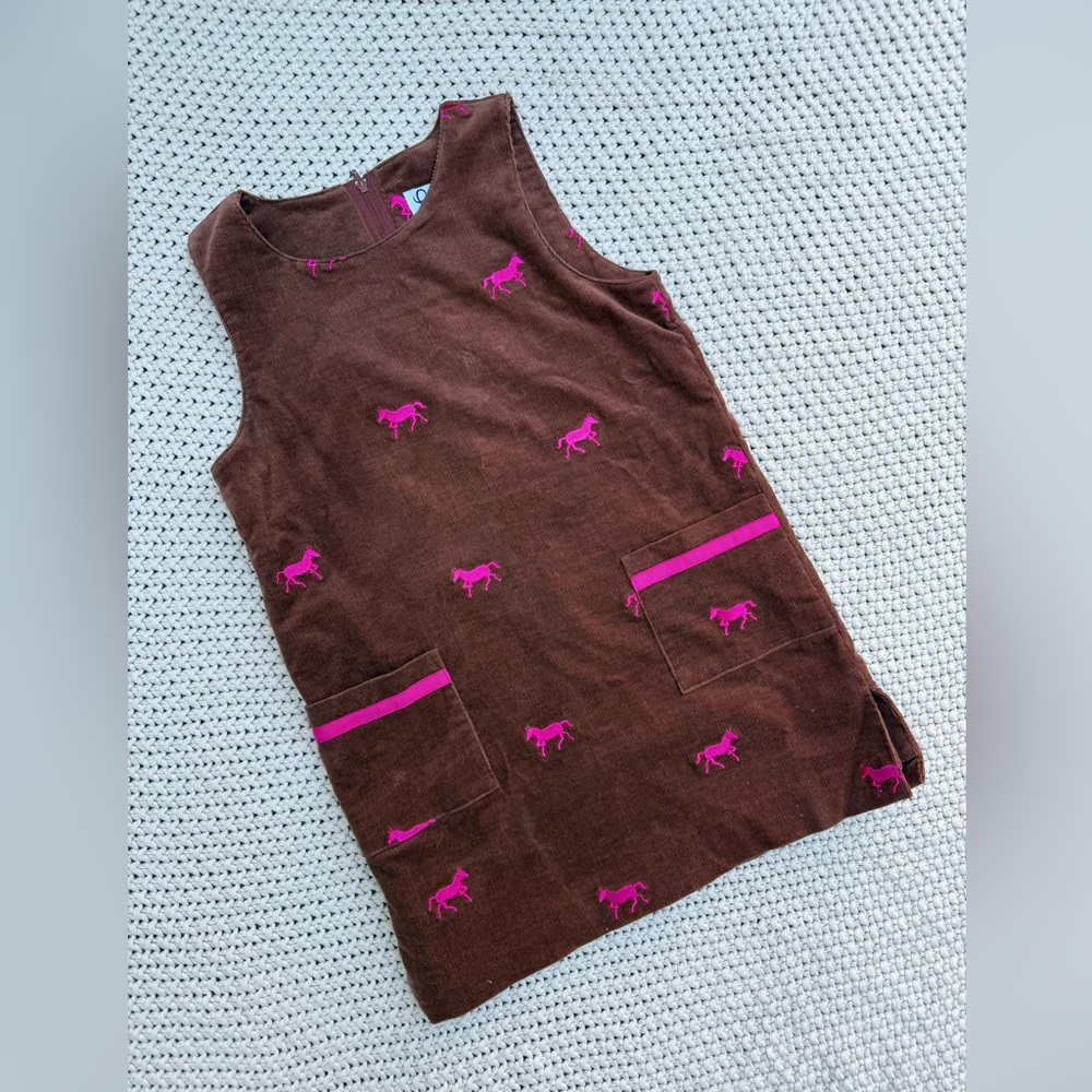 Girls 6x Brown Horse Dress with Pink Embroidered Horses